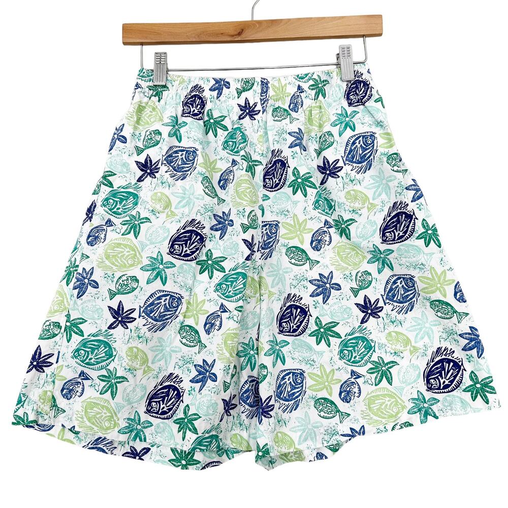 Vintage LL Bean Blue Green Fish Print Shorts Sz M